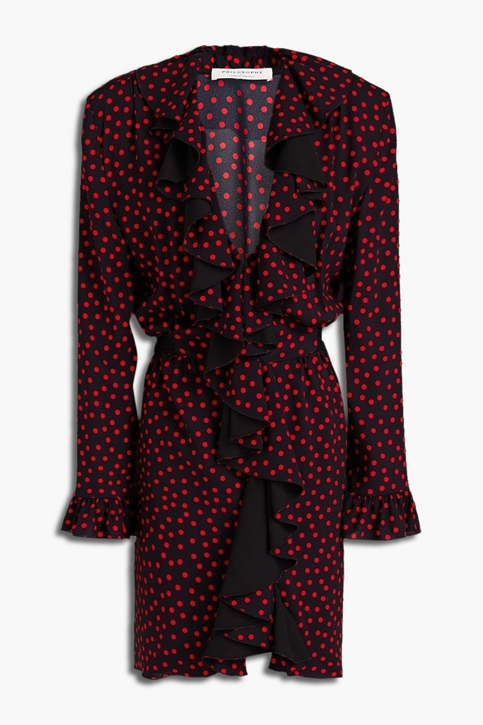 Wrap-effect ruffled polka-dot crepe mini dress