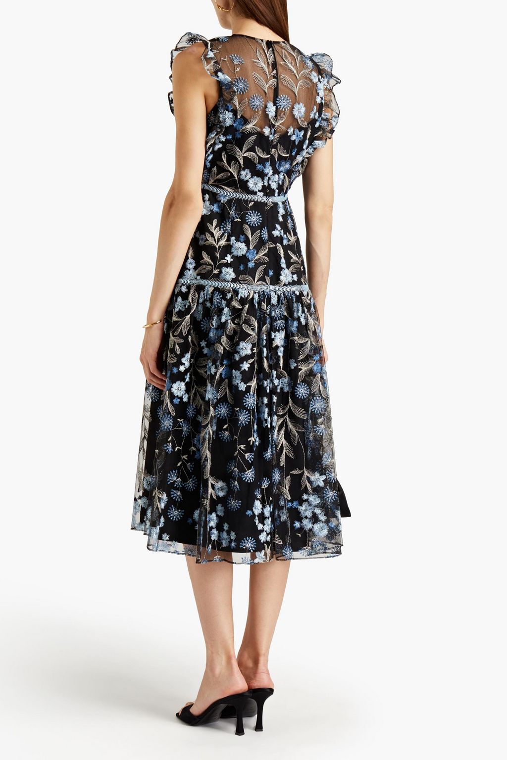 ML MONIQUE LHUILLIER Embroidered gathered metallic tulle midi dress