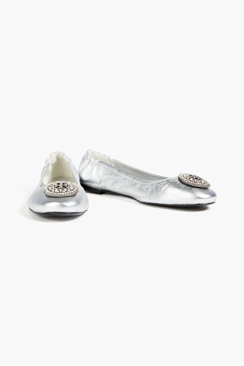 TORY BURCH Crystal-embellished metallic leather ballet flats