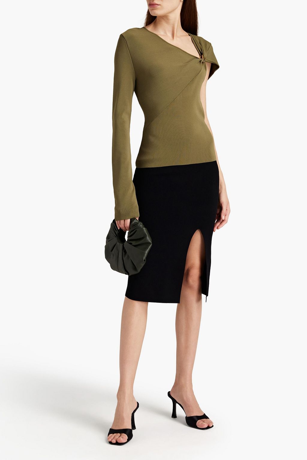 DION LEE One-sleeve embellished stretch-knit top
