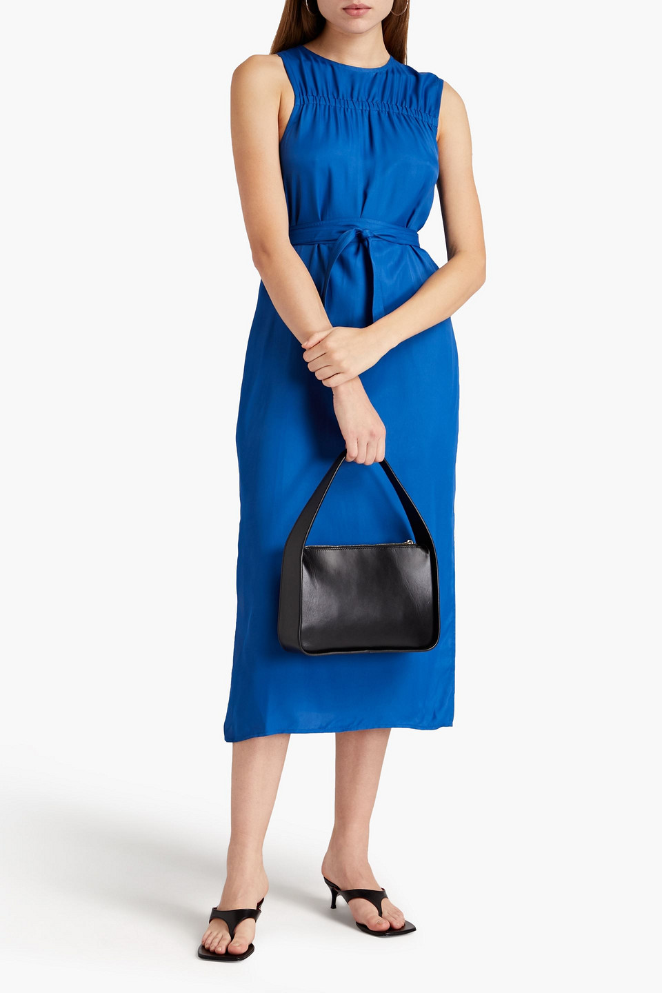 Helmut Lang Gathered Satin-twill Midi Dress In Cobalt Blue