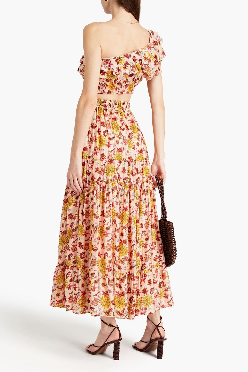 SUNDRESS Bedrucktes Cropped Oberteil aus einer Baumwoll-Seidenmischung mit asymmetrischer Schulterpartie