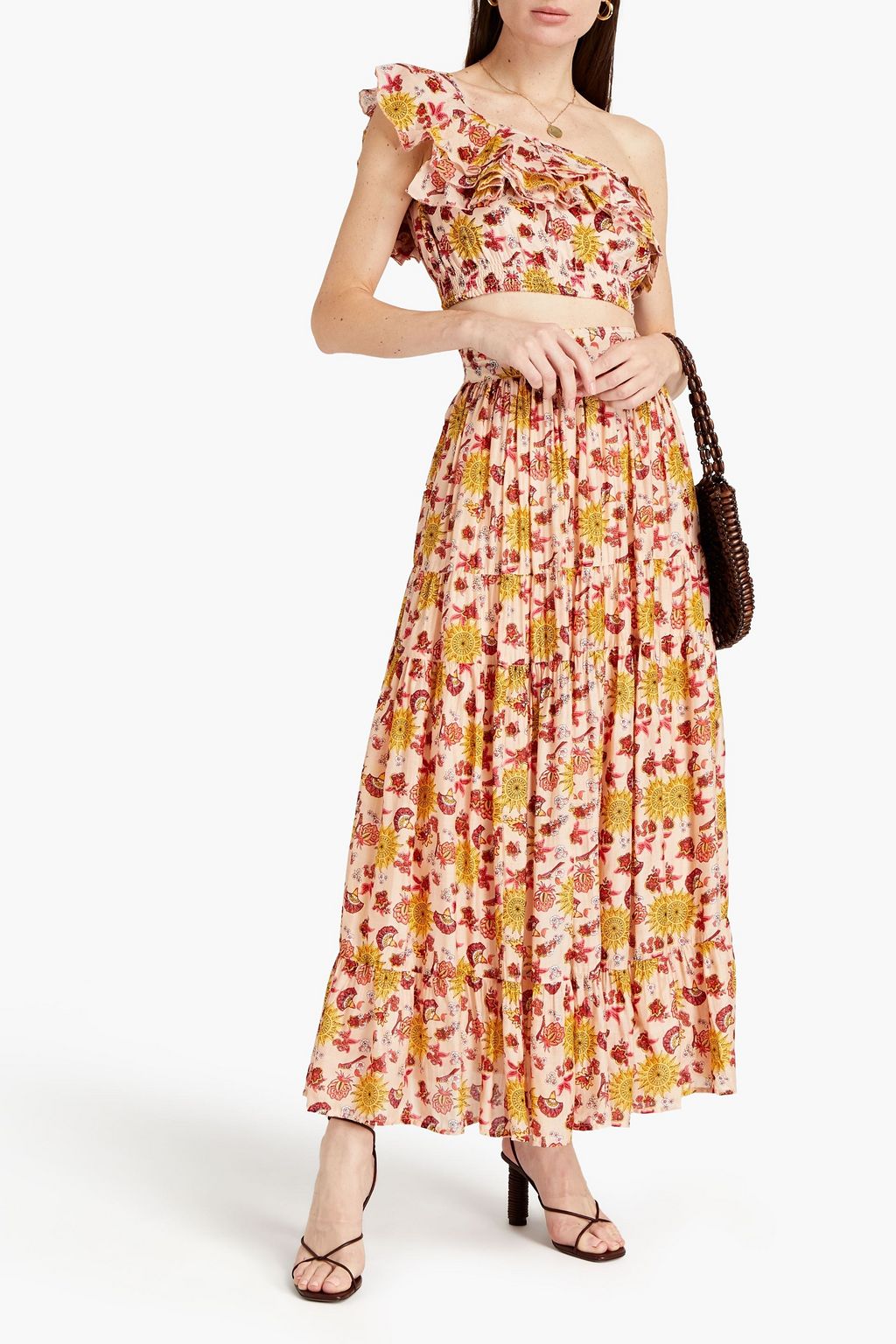 SUNDRESS Bedrucktes Cropped Oberteil aus einer Baumwoll-Seidenmischung mit asymmetrischer Schulterpartie