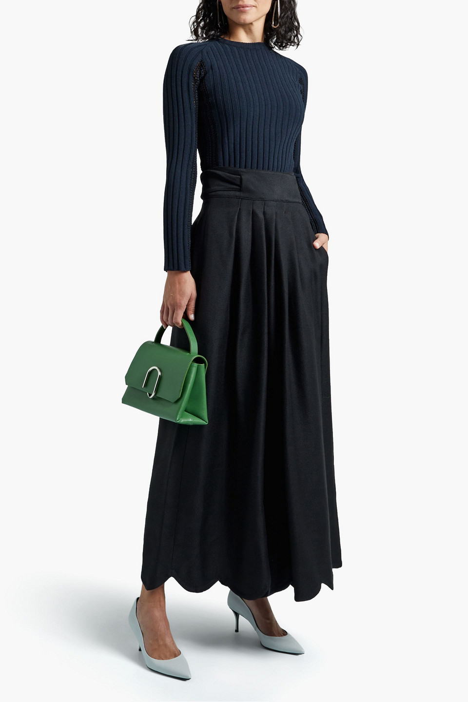 Valentino Scalloped Pleated Drill Wide-leg Trousers In Black