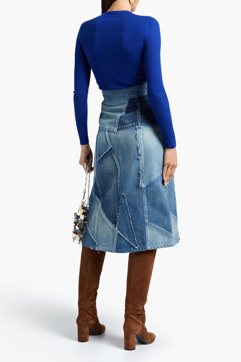 SAINT LAURENT Distressed patchwork denim midi skirt