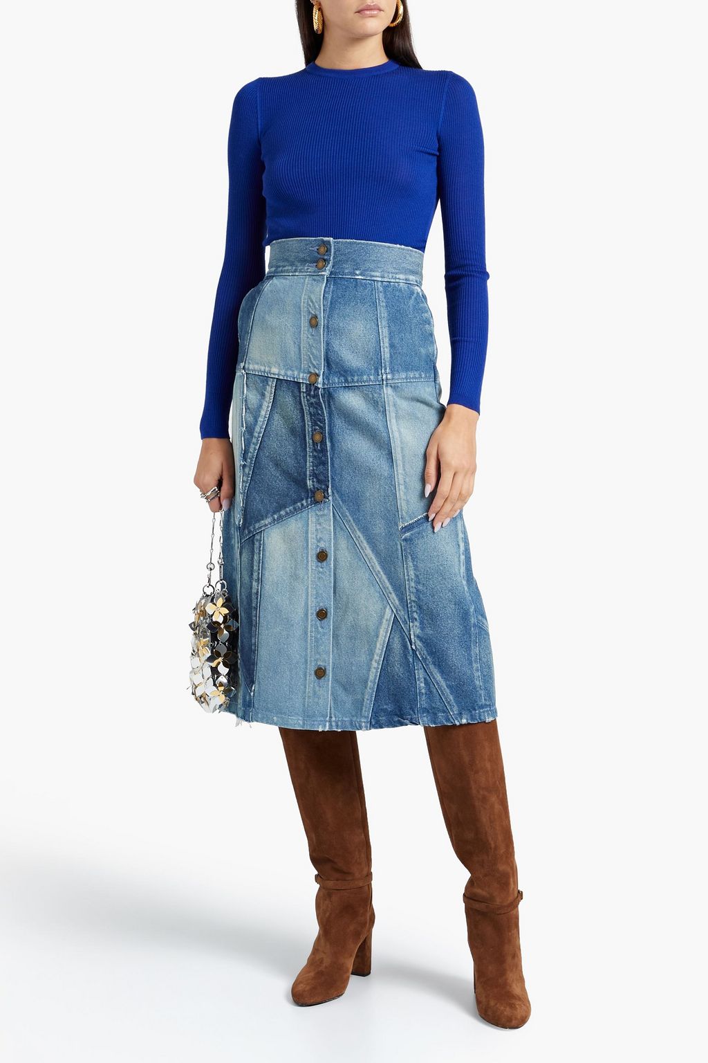 SAINT LAURENT Distressed patchwork denim midi skirt