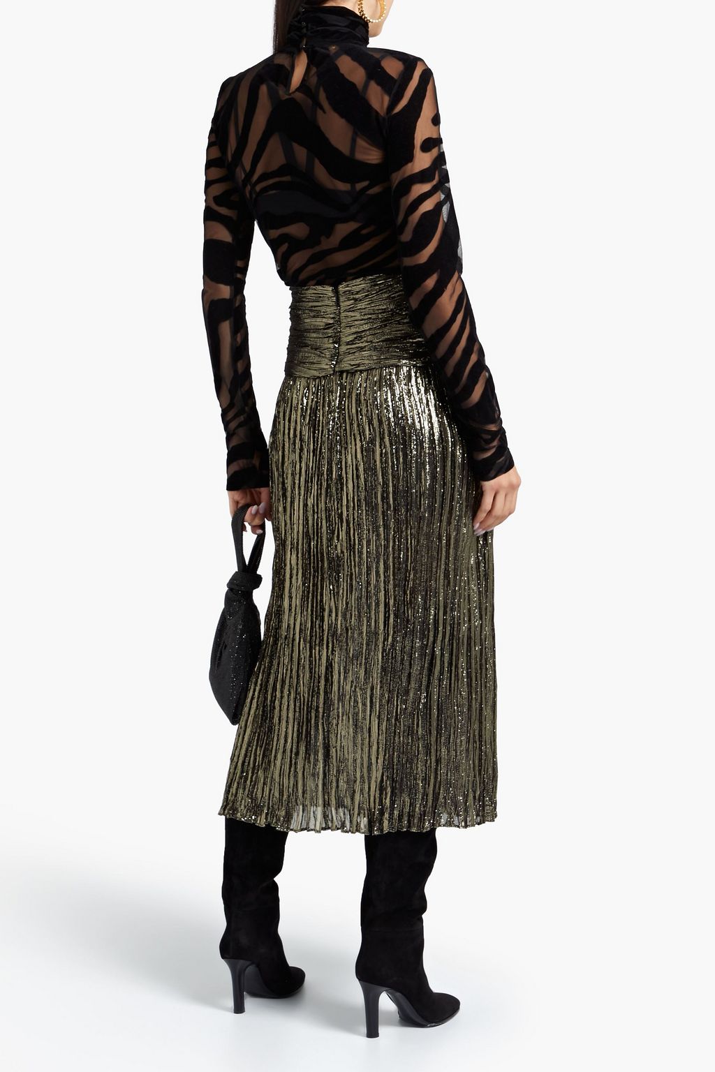 SAINT LAURENT Gathered plissé-lamé midi skirt