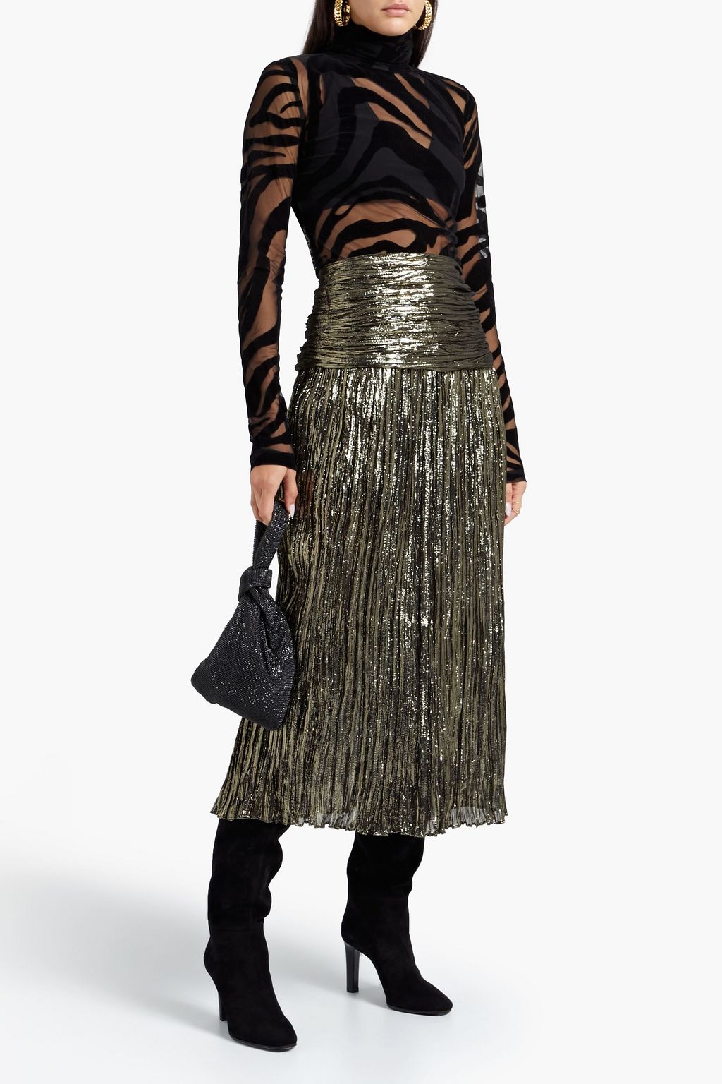 SAINT LAURENT Gathered plissé-lamé midi skirt