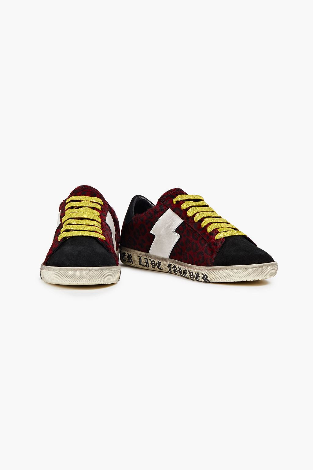AMIRI Live Forever glittered printed suede and calf hair sneakers