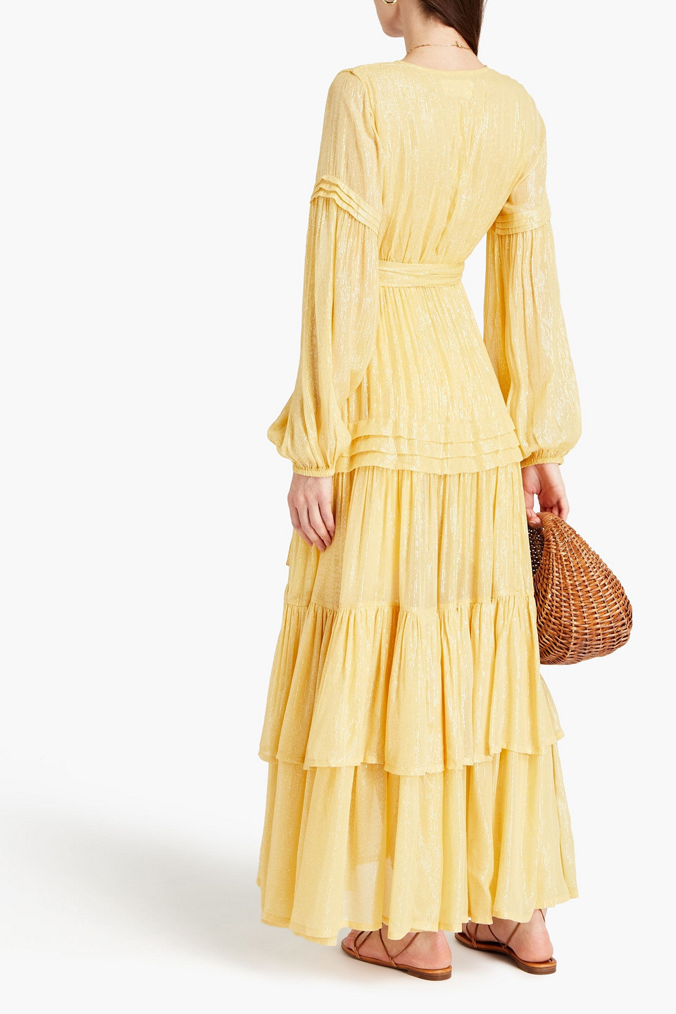 SUNDRESS GATHERED METALLIC GEORGETTE MIDI DRESS