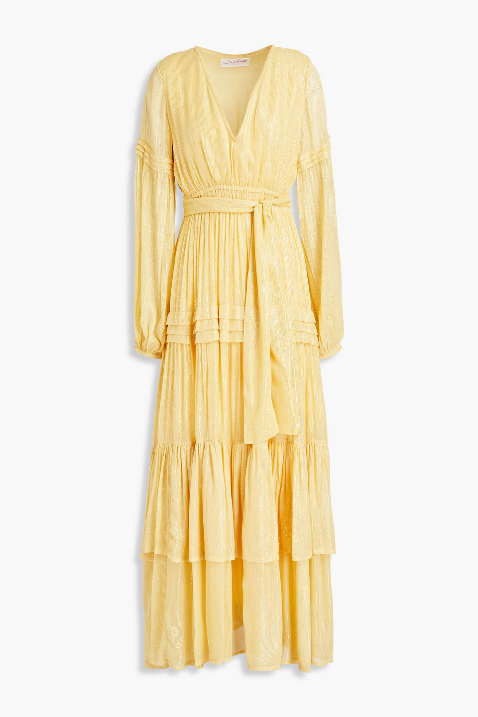 Sundress Gathered Metallic Georgette Midi Dress In Yellow