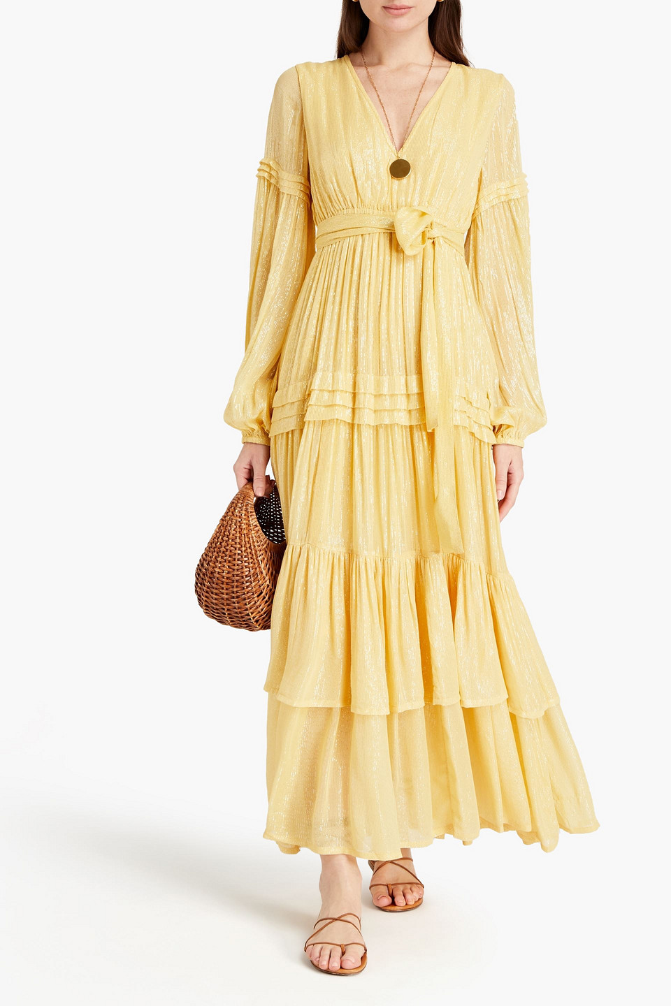 SUNDRESS GATHERED METALLIC GEORGETTE MIDI DRESS