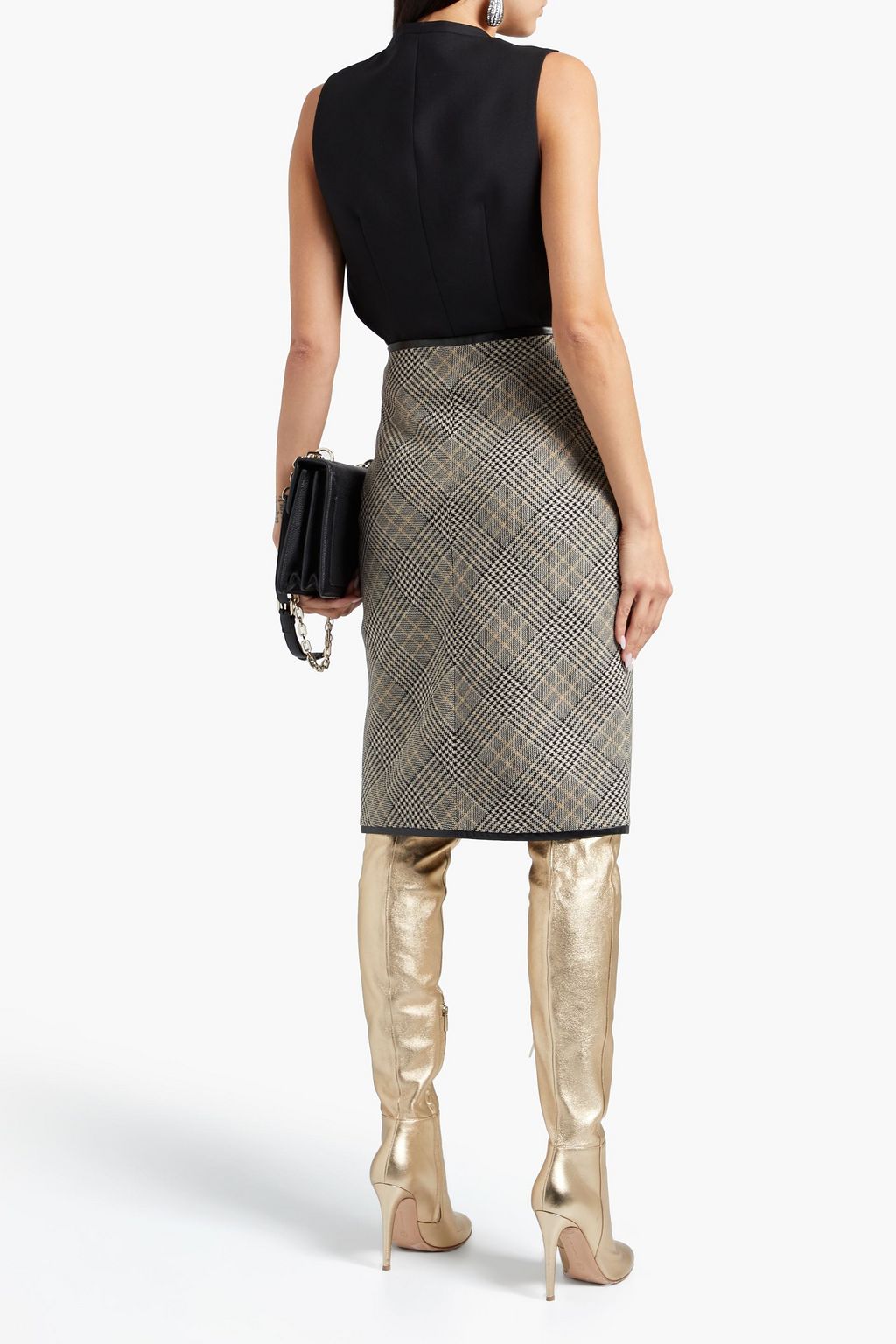SAINT LAURENT Leather-trimmed Prince of Wales checked wool wrap skirt