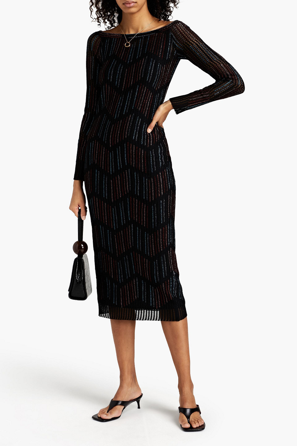 M Missoni Metallic Pointelle-knit Midi Dress In Black