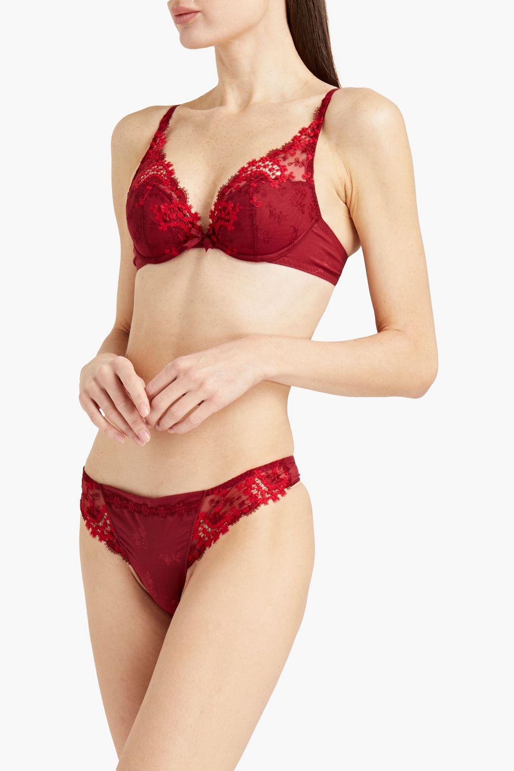 SIMONE PÉRÈLE Picot-trimmed embroidered tulle and jacquard low-rise thong