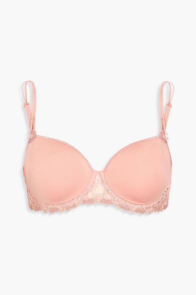 Embroidered tulle-trimmed jersey underwired bra