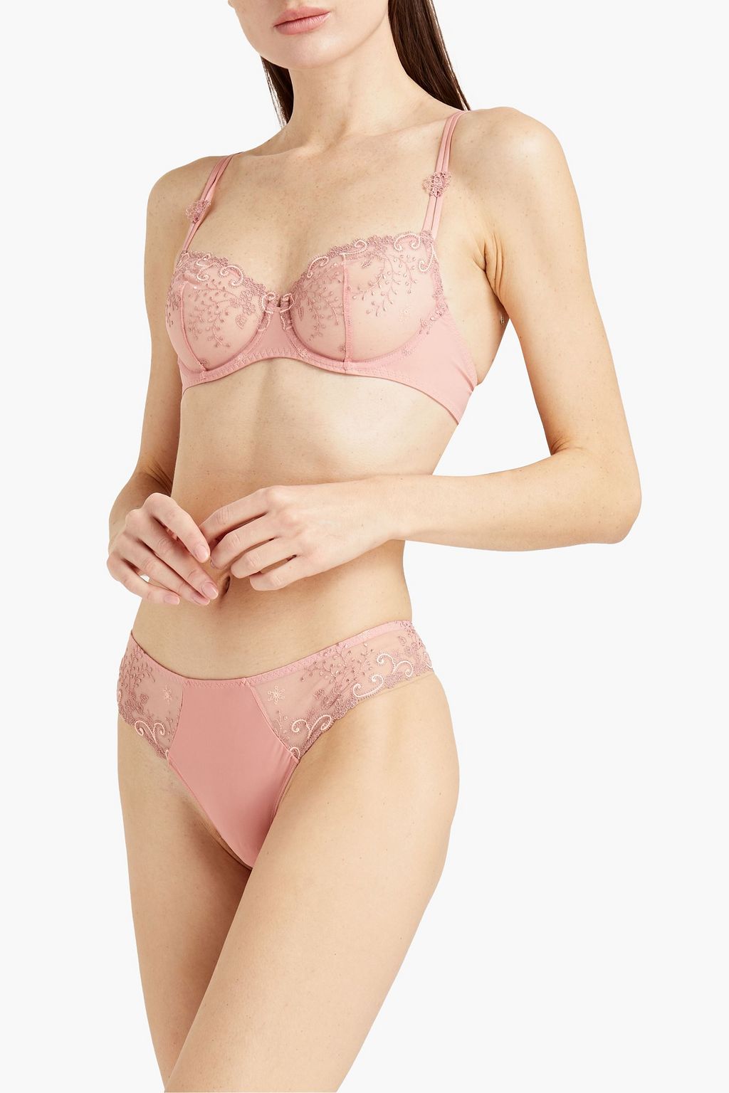 SIMONE PÉRÈLE Embroidered tulle-paneled stretch-jersey low-rise thong
