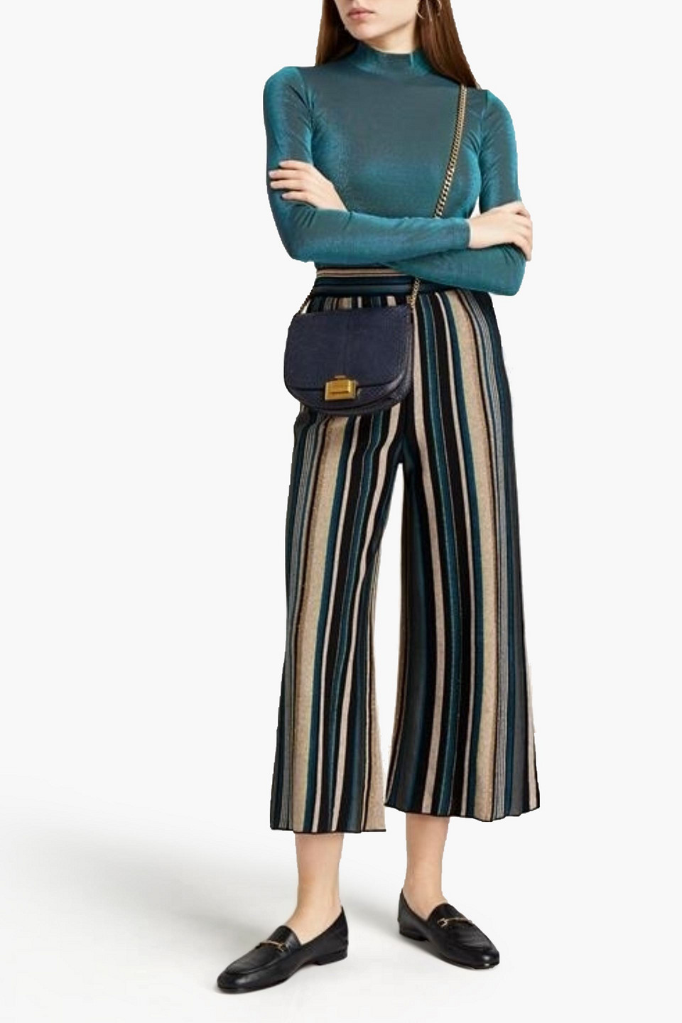 M Missoni Metallic Ribbed Jersey Turtleneck Top In Emerald