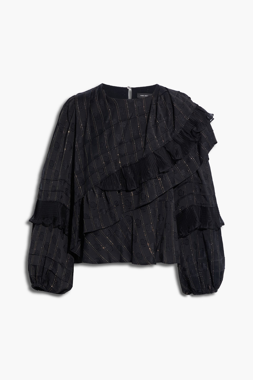Pleated organza-trimmed metallic jacquard top