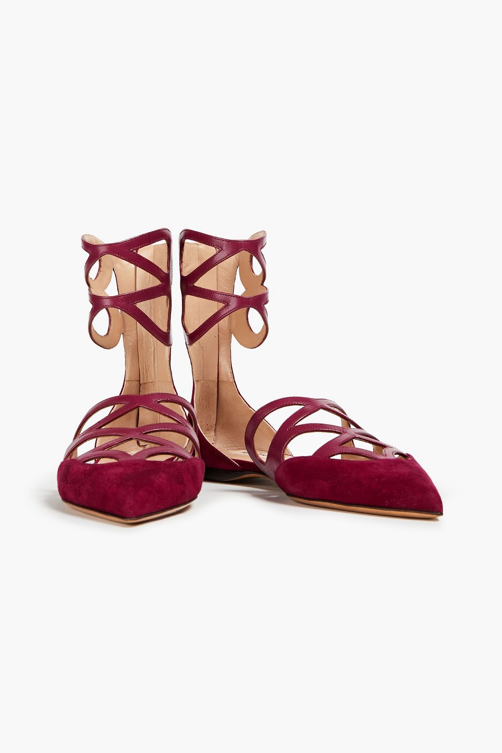 VALENTINO GARAVANI Cutout suede and leather point-toe flats