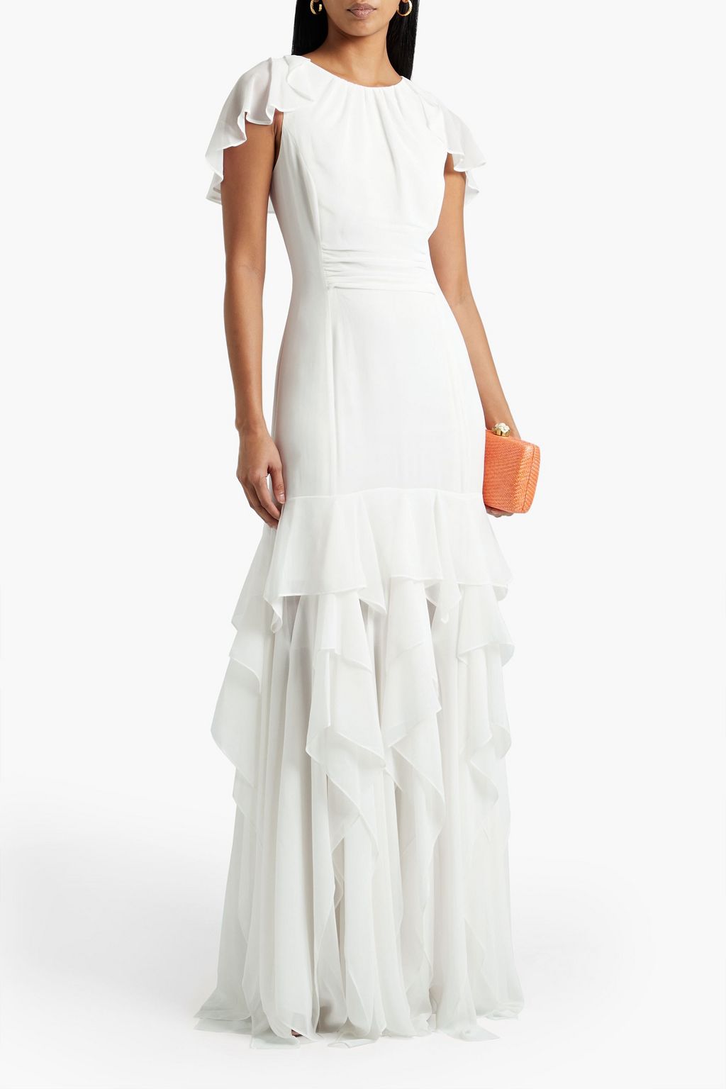 HALSTON 러플 장식 시폰 가운