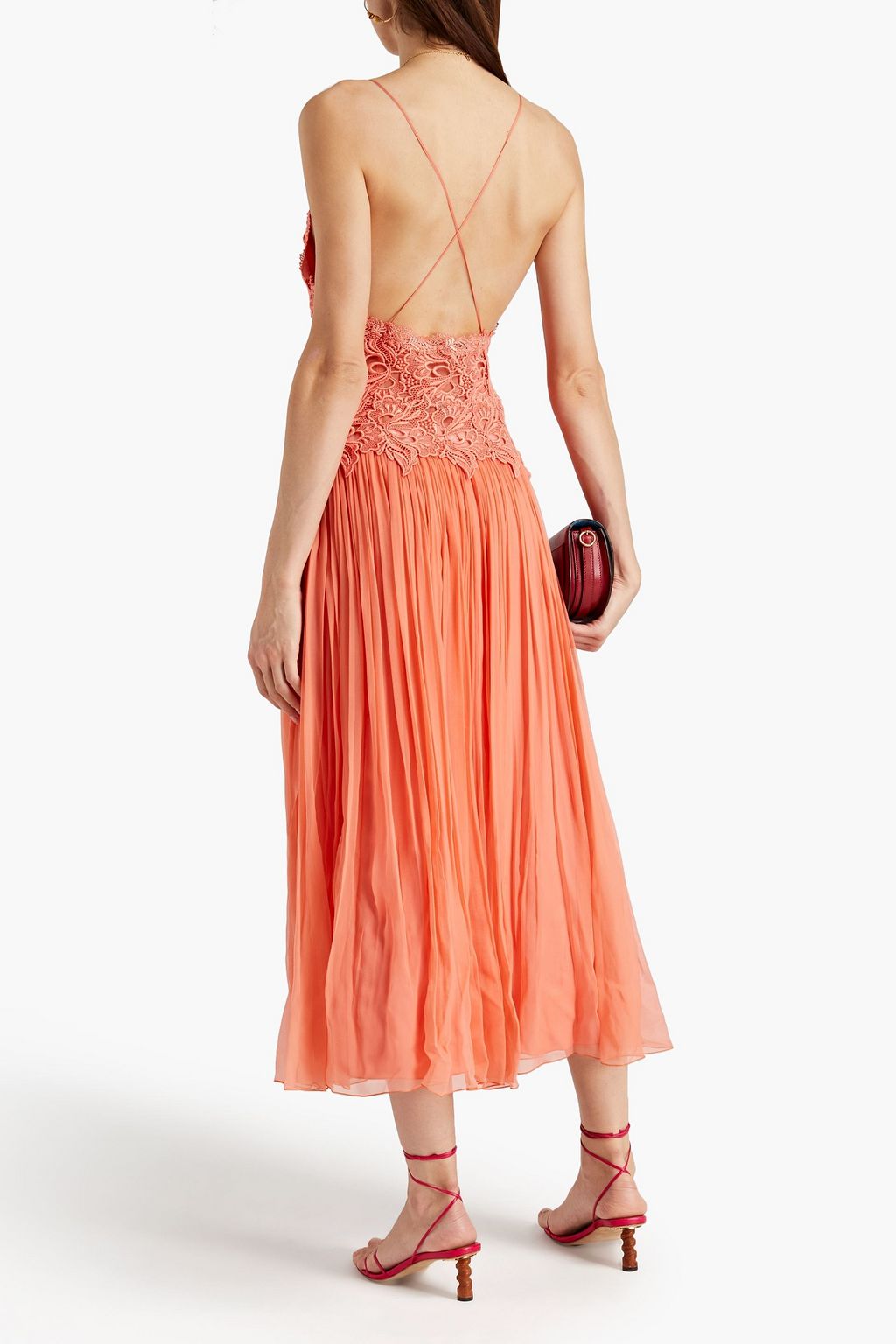 ALBERTA FERRETTI Macramé-paneled silk-voile midi dress