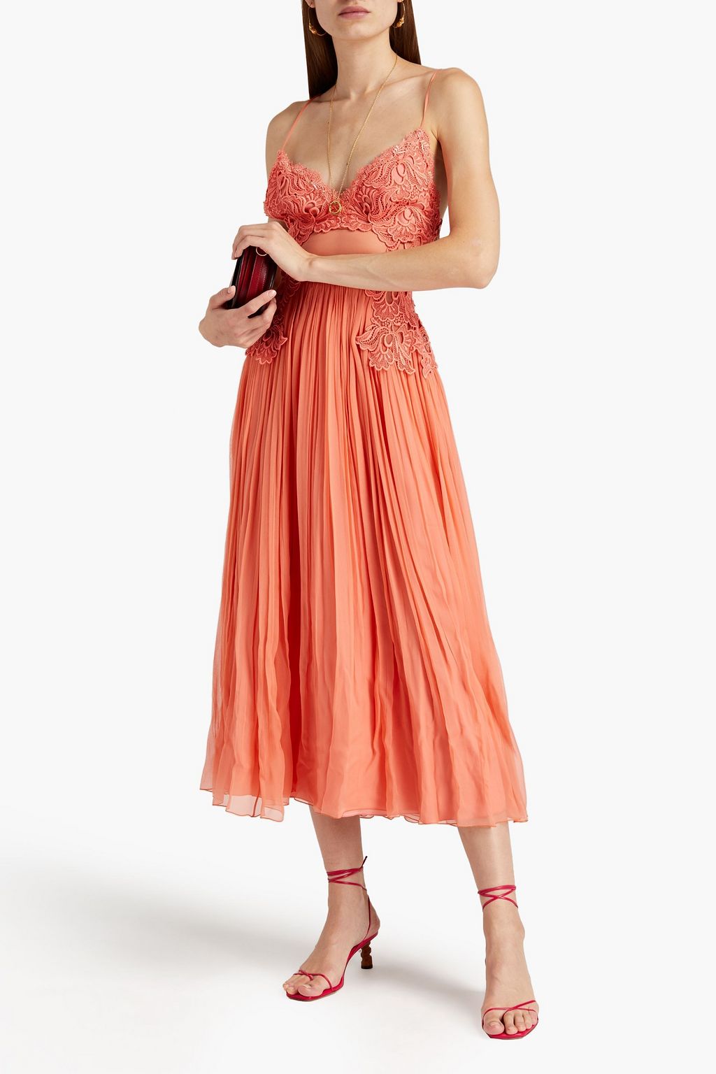 ALBERTA FERRETTI Macramé-paneled silk-voile midi dress
