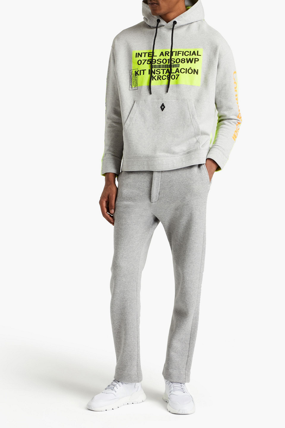 Marcelo Burlon County Of Milan Marcelo Burlon Man Logo-embroidered Printed French Cotton-terry Hoodie In Grey