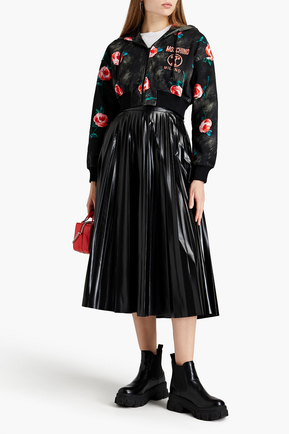 Moschino Cropped Printed French Cotton-terry Hoodie In Black