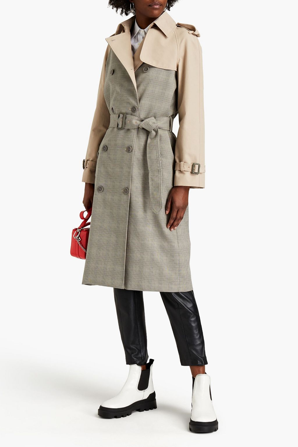 BOUTIQUE MOSCHINO معطف واقٍ من المطر من مزيج القطن وبأجزاء من قماش مختلف مزين بنقشة مربّعات برنس أوف ويلز