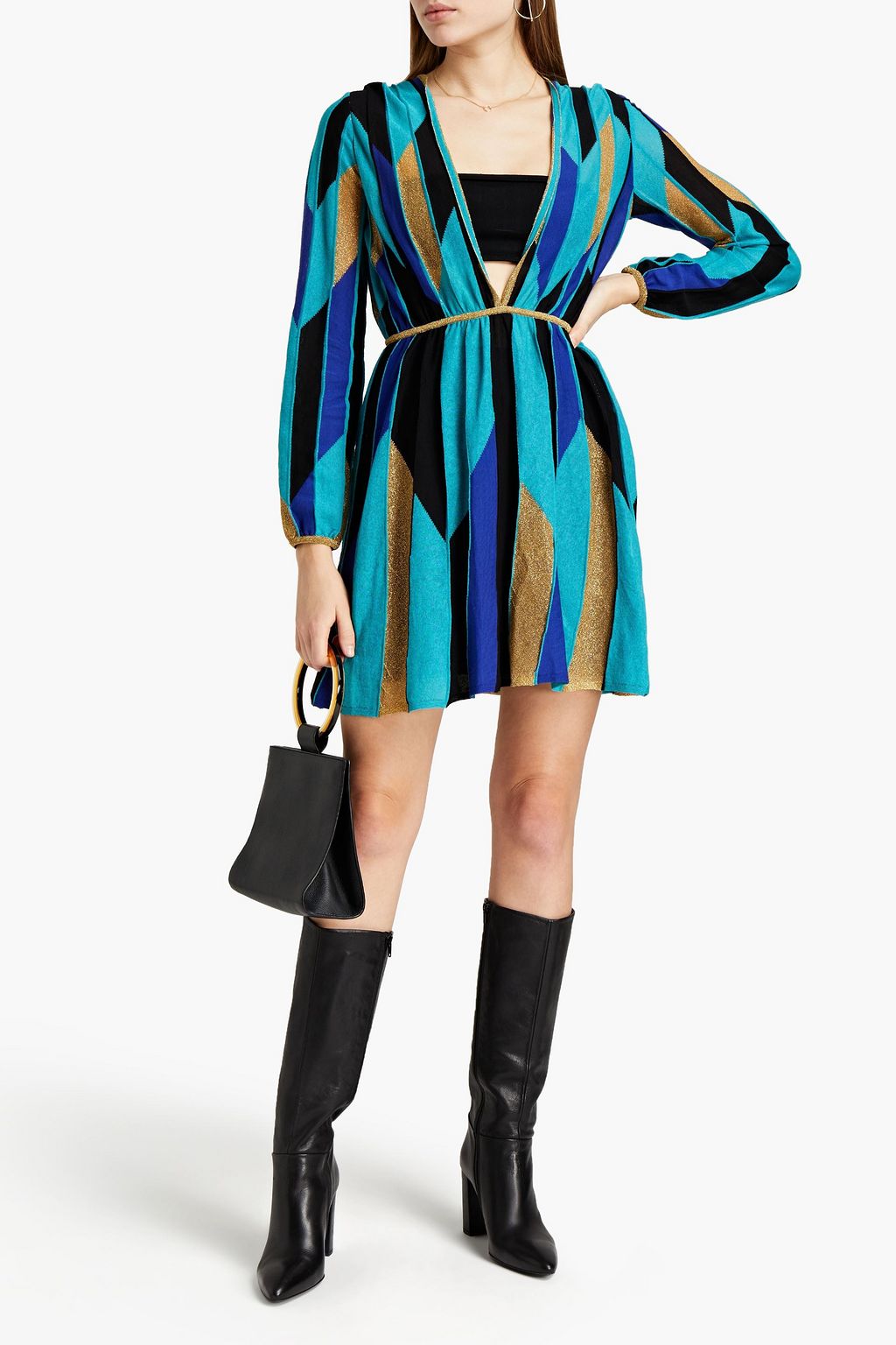 M MISSONI Pleated metallic intarsia-knit cotton-blend mini dress