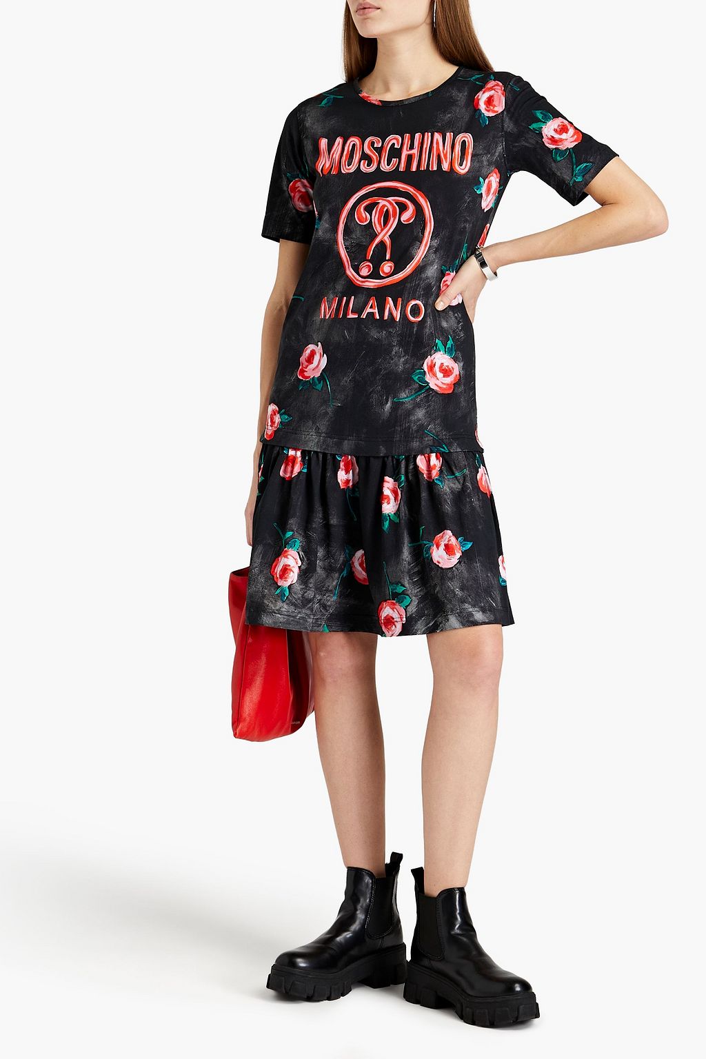 MOSCHINO فستان من القطن والجيرسي مزين برسومات وبتصميم ملموم