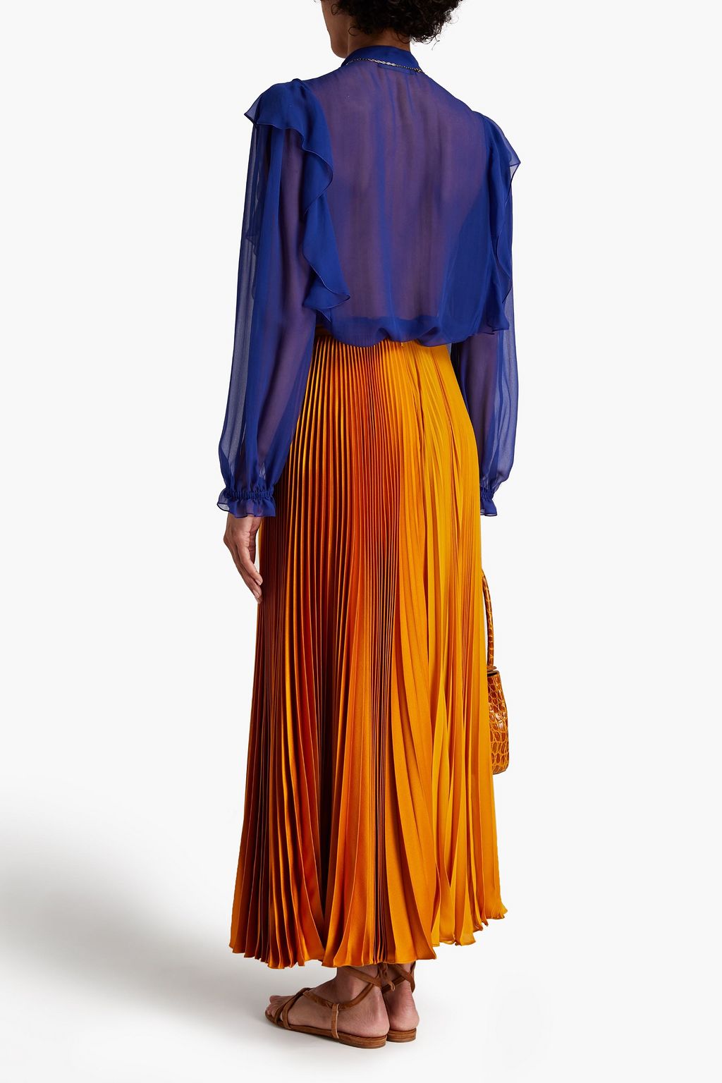 ALBERTA FERRETTI Pintucked lace-paneled silk-chiffon blouse