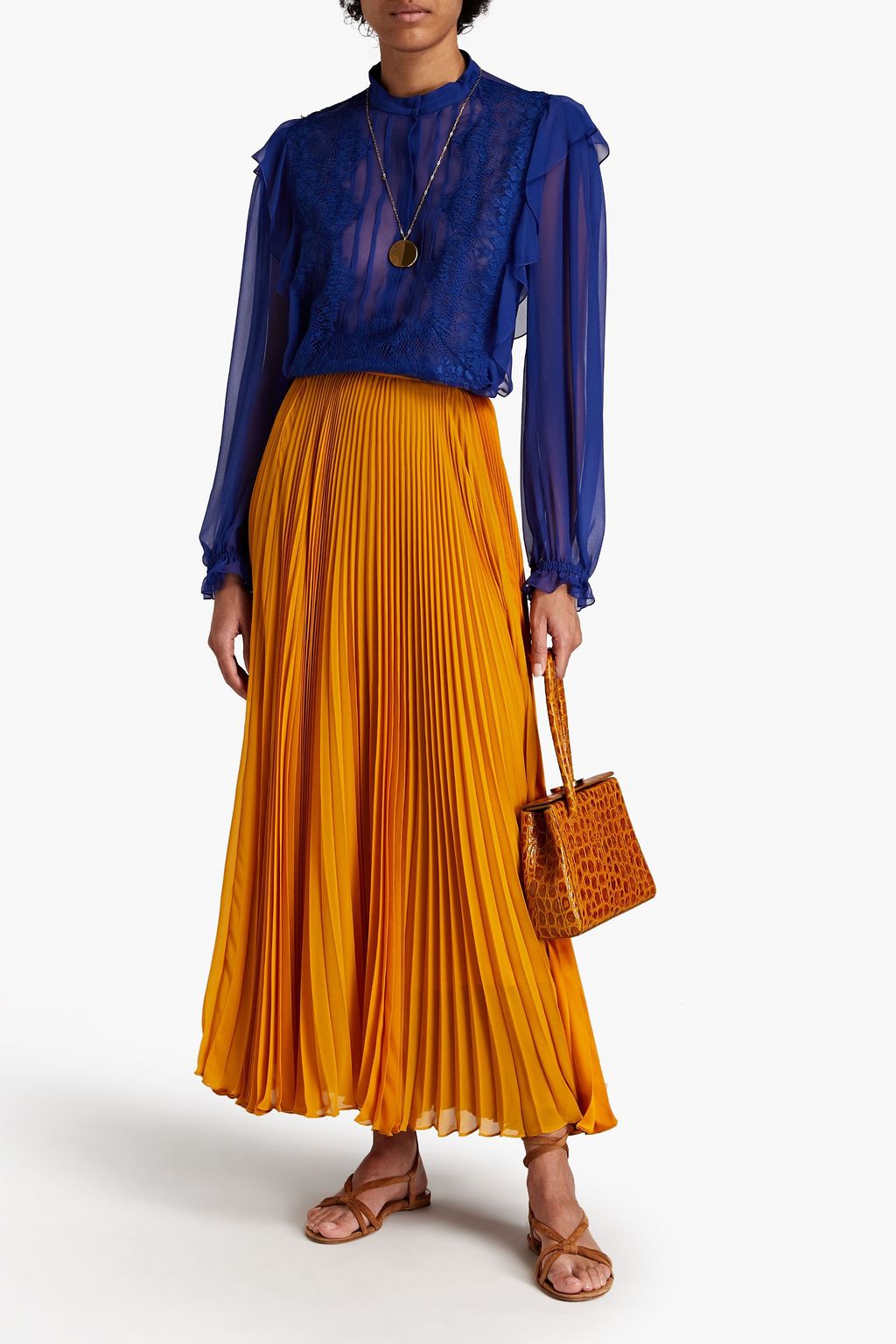 ALBERTA FERRETTI Pintucked lace-paneled silk-chiffon blouse