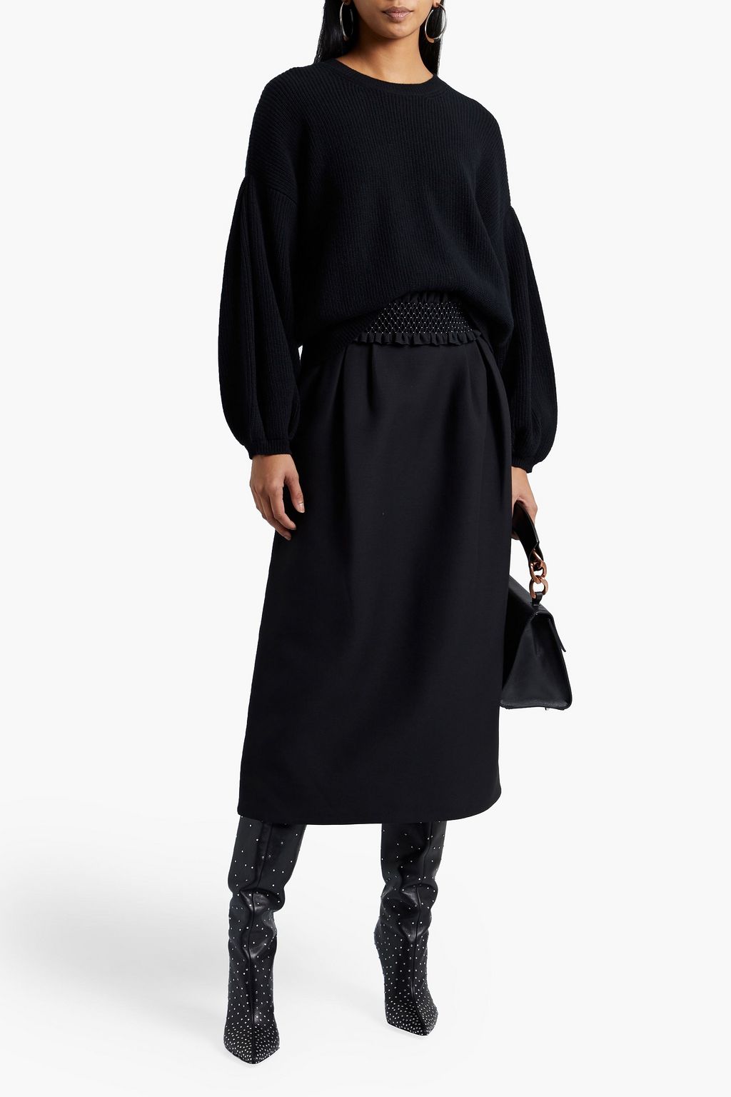 VALENTINO GARAVANI Smocked wool and silk-blend crepe midi skirt