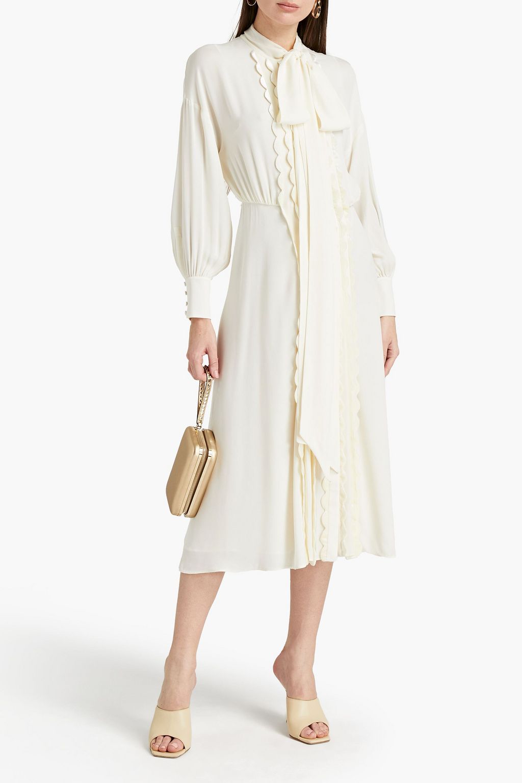 VALENTINO GARAVANI Pussy-bow scalloped silk-crepe midi dress