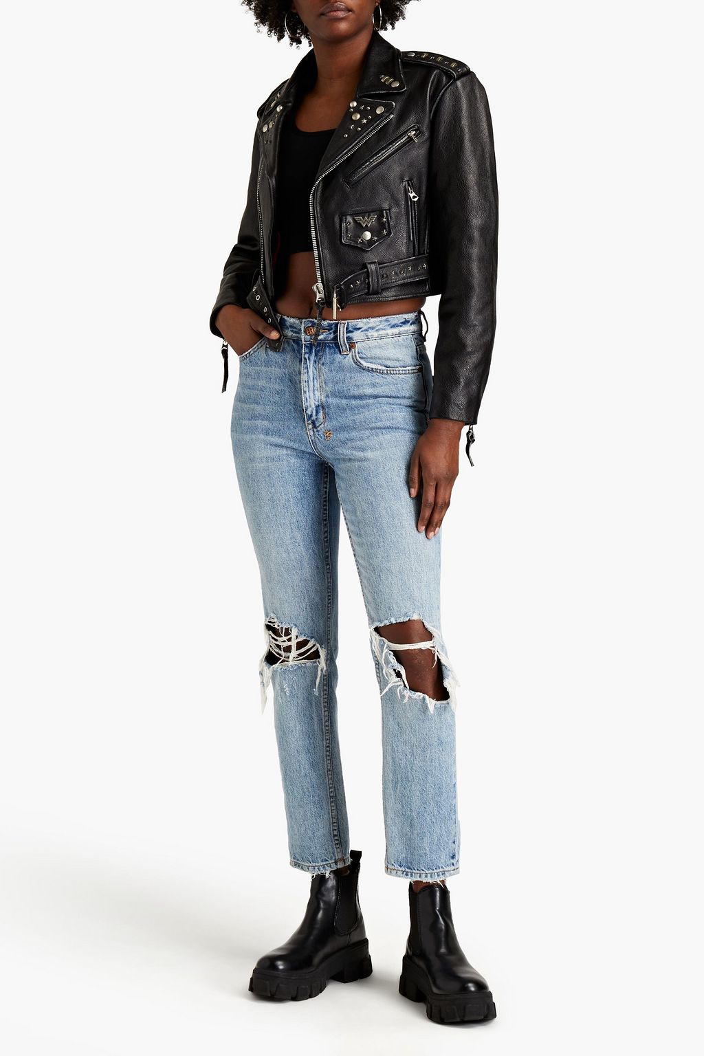 RE/DONE 80s embellished cropped leather biker jacket | THE OUTNET