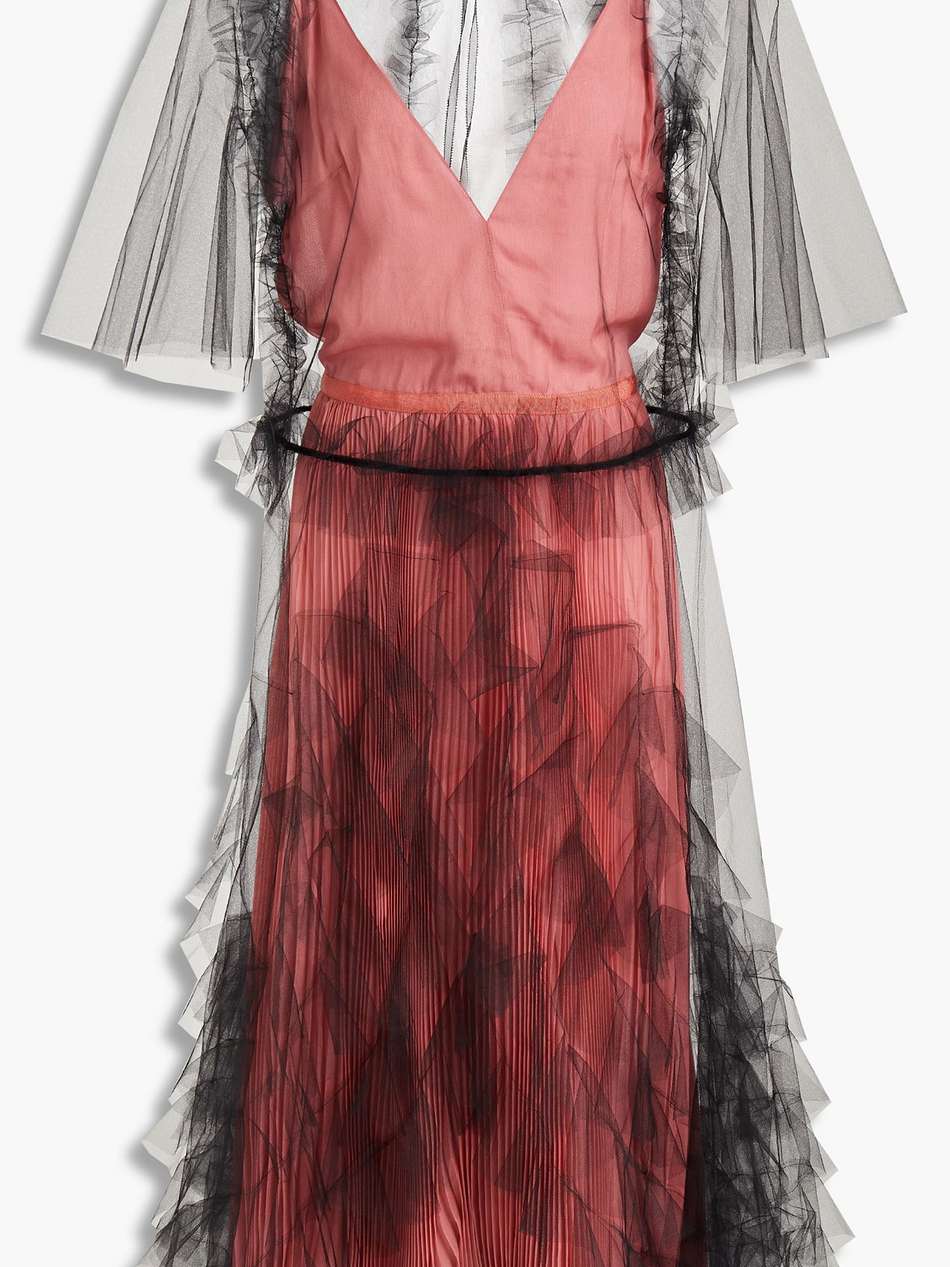 ruffled tulle and plissé-chiffon midi dress