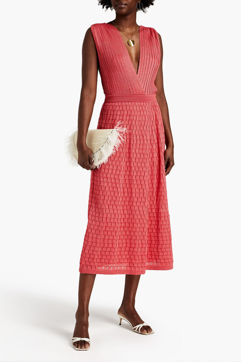 M Missoni Pleated Metallic Crochet-knit Midi Dress In Pink