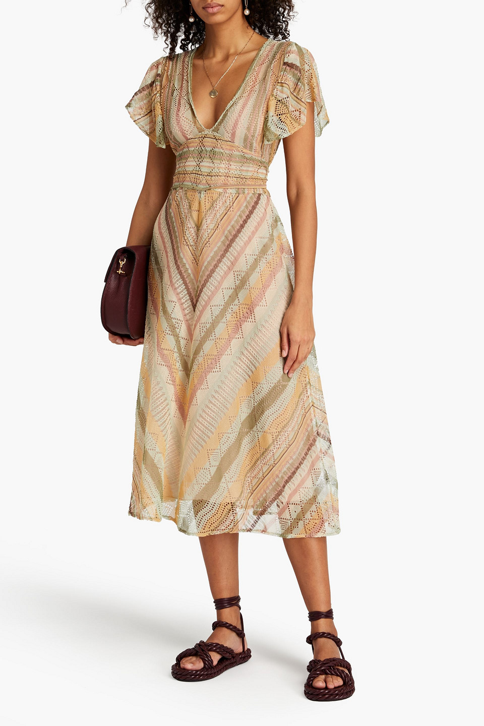 Valentino Tie-back Striped Crochet-knit Silk Midi Dress In Light Green