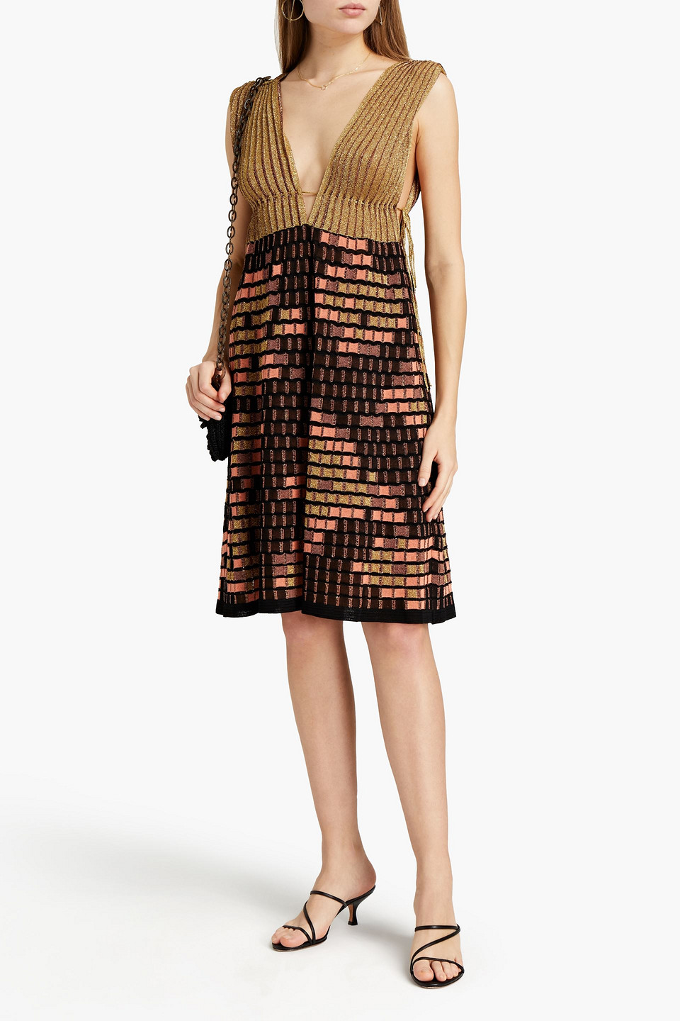 M Missoni Pleated Metallic Crochet-knit Dress In Brown