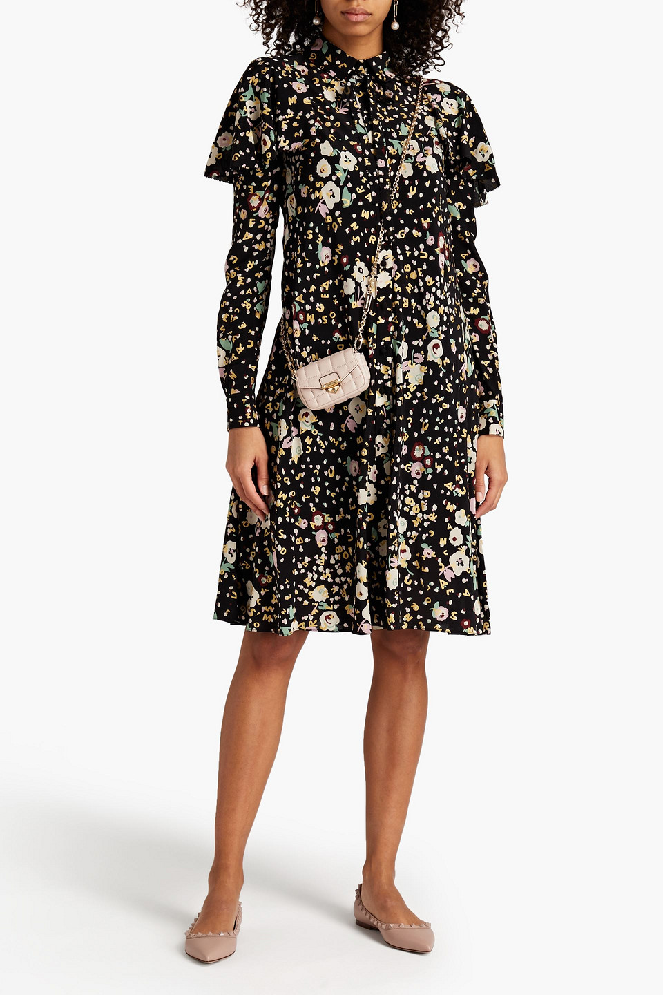 Valentino Metallic Floral-print Silk Crepe De Chine Dress In Black