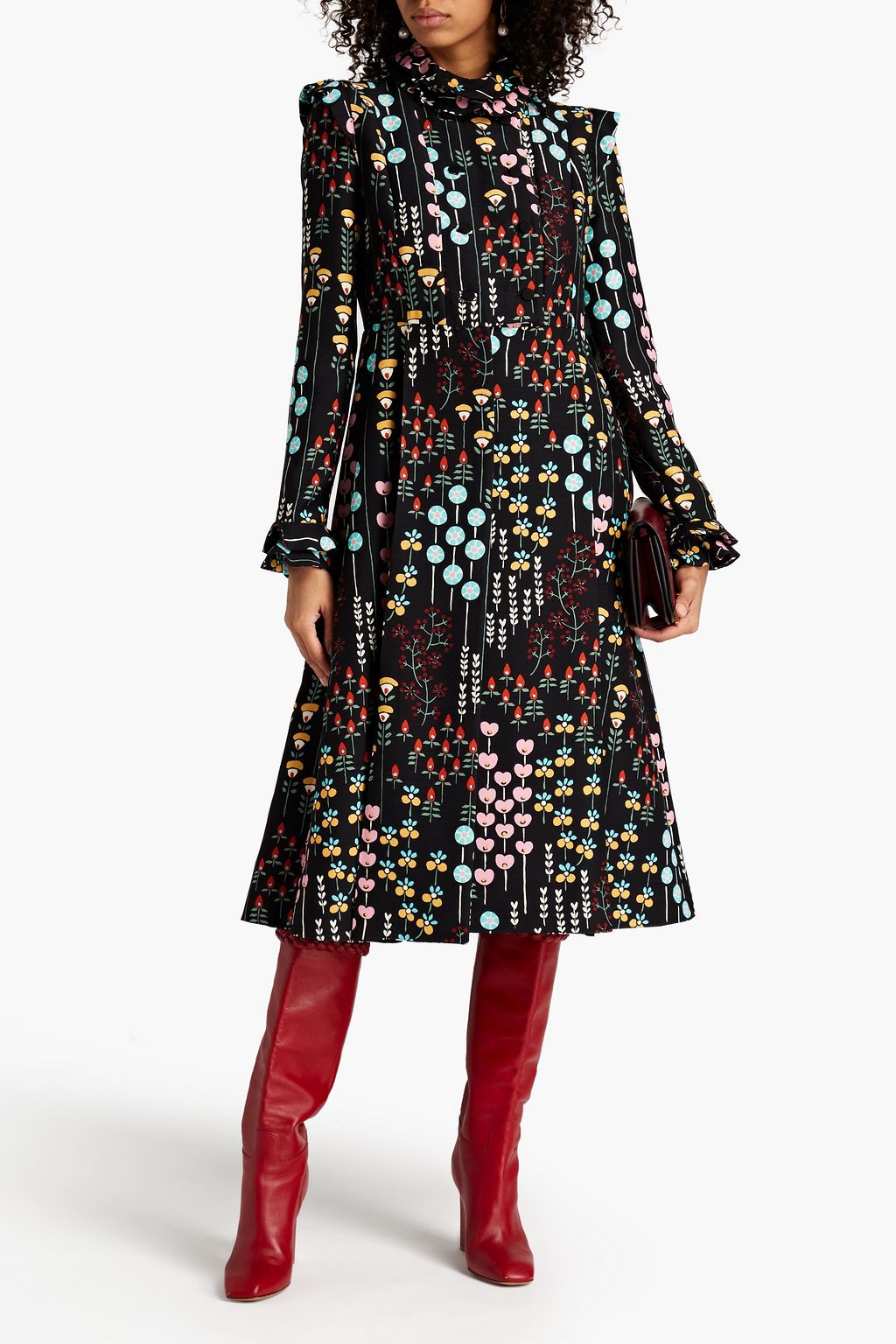 VALENTINO GARAVANI Pleated floral-print wool and silk-blend crepe dress