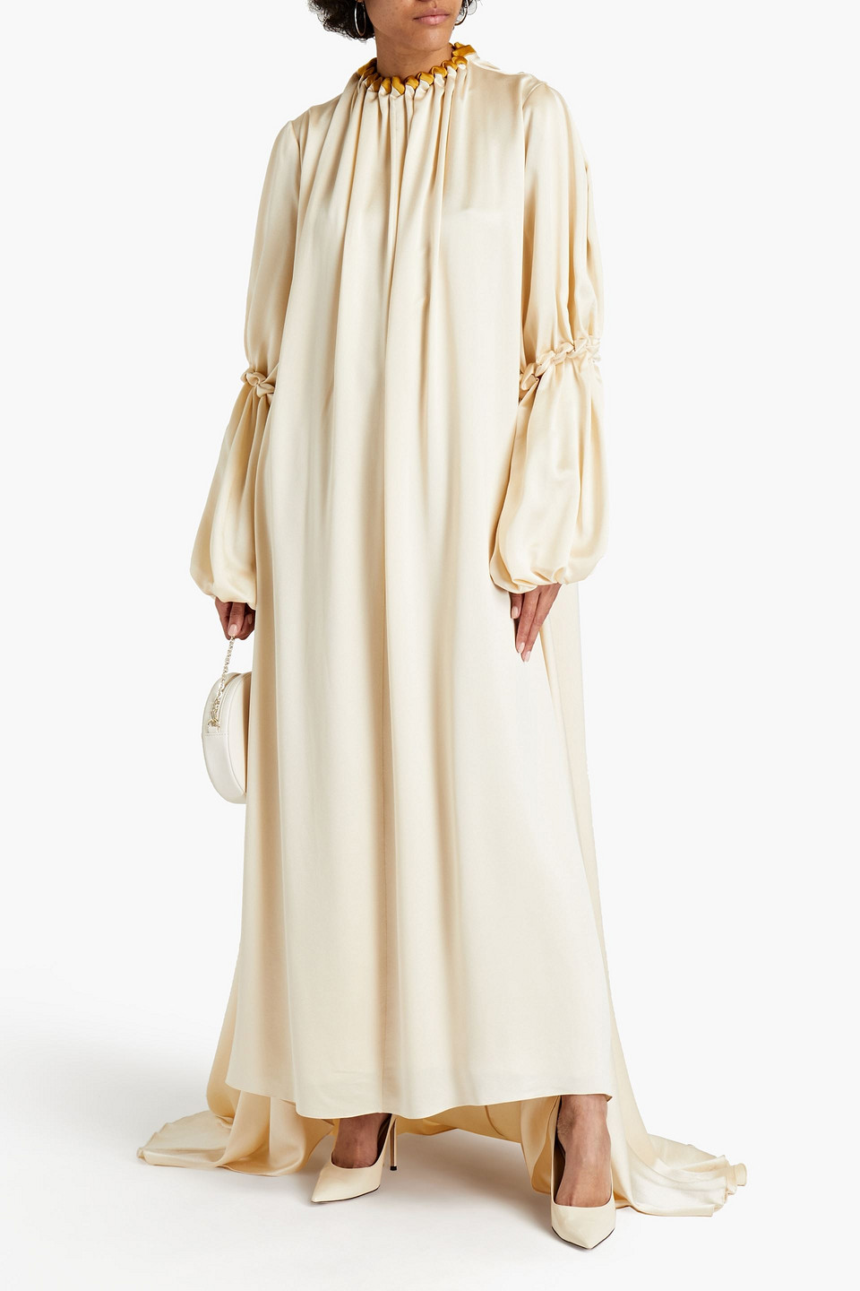 knee length dresses for ladies Nahanee Cream Satin Ruffle Maxi Dress - US 6 main image 0