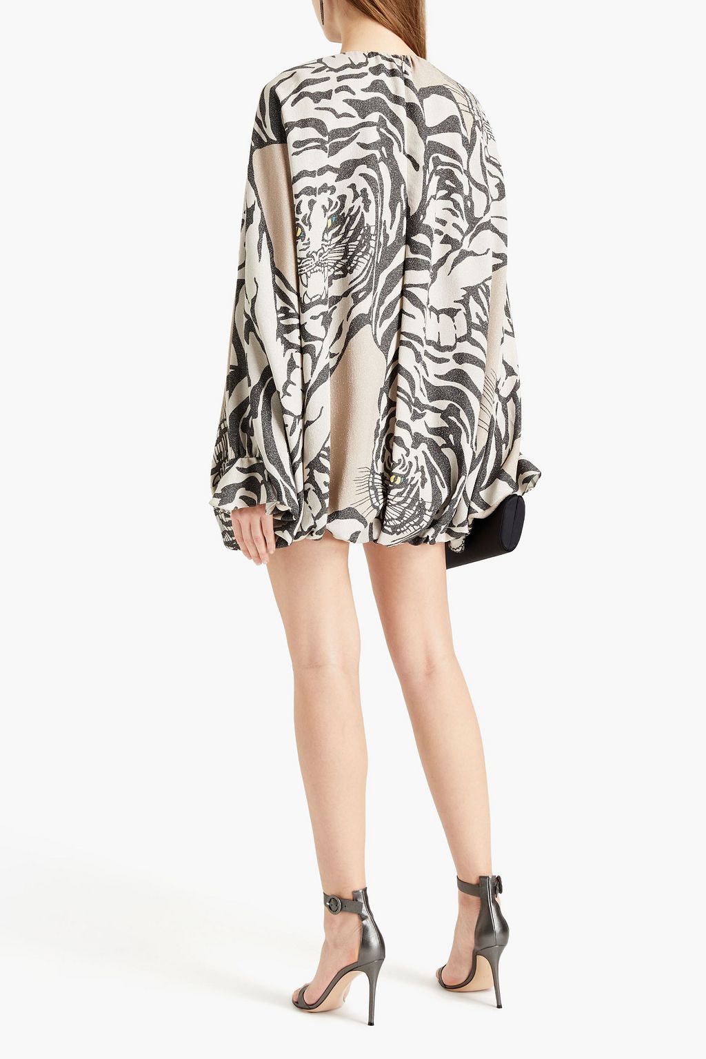 VALENTINO GARAVANI Gathered metallic printed stretch-silk crepe mini dress