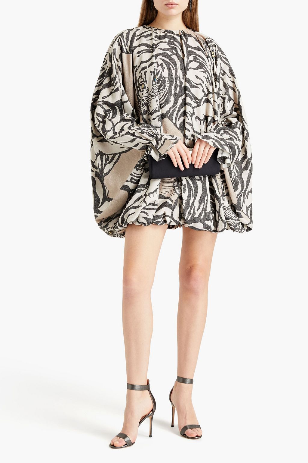 VALENTINO GARAVANI Gathered metallic printed stretch-silk crepe mini dress