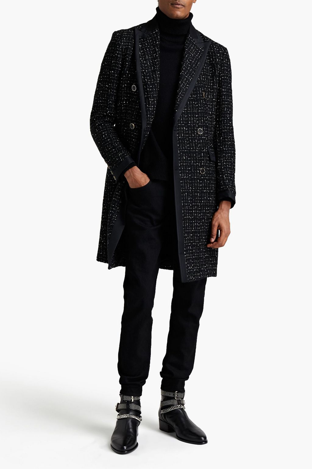 AMIRI Double-breasted satin-trimmed tweed coat