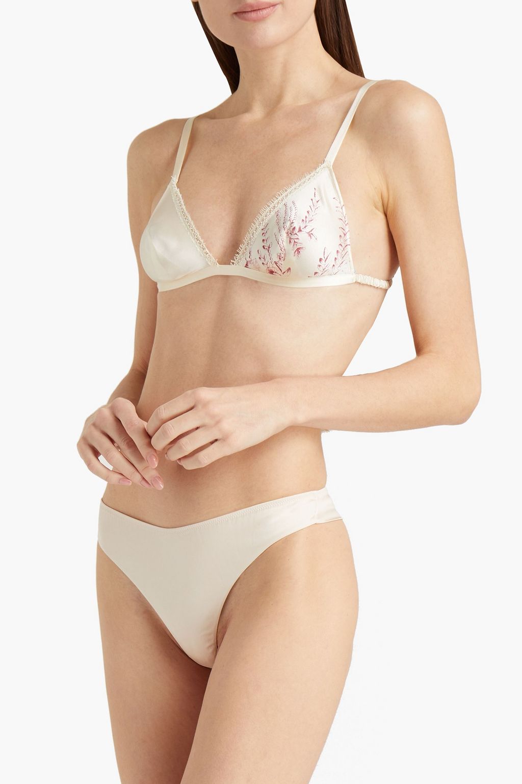 CARINE GILSON Lace-trimmed floral-print silk-satin triangle bra