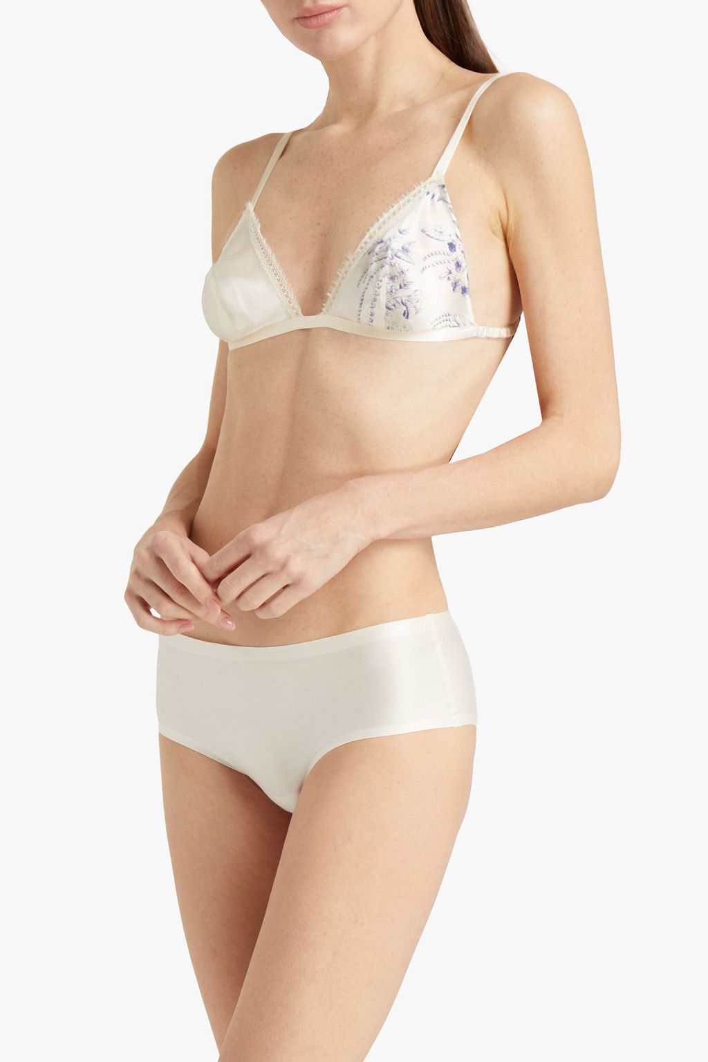 CARINE GILSON Lace-trimmed floral-print silk-satin triangle bra