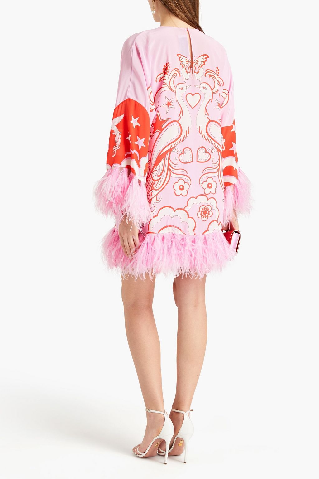 VALENTINO GARAVANI Feather-trimmed printed crepe de chine mini dress